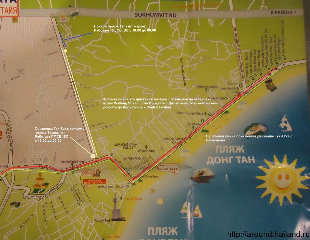 Карта Паттайи с отметками остановок, отелей, магазинов, достопримечательностей часть 2